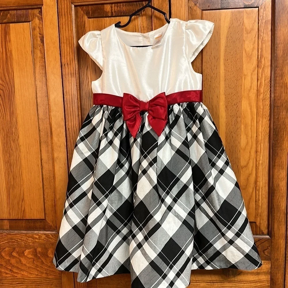 Gymboree Holiday Party Dress Plaid Red Bow Sash Creamy White Top Cap Sleeves 5T
